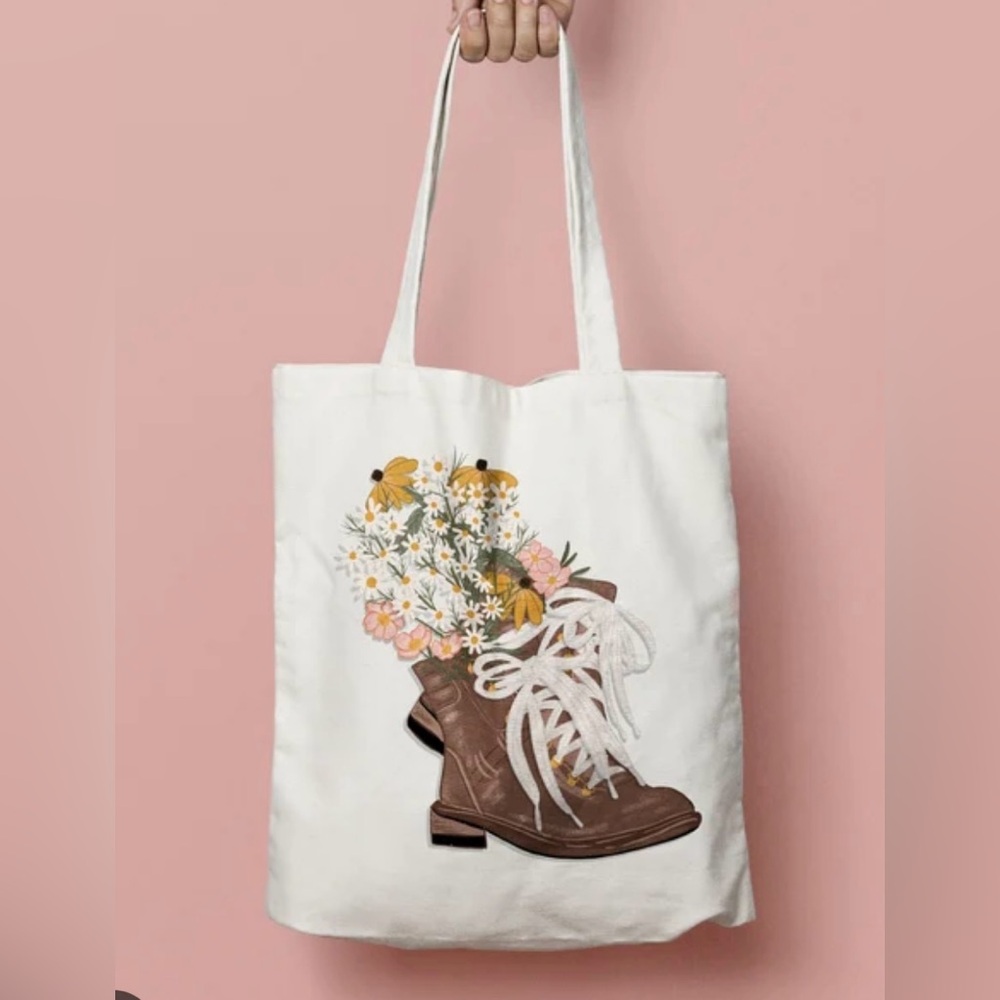 Floral Boot Print White Tote Bag